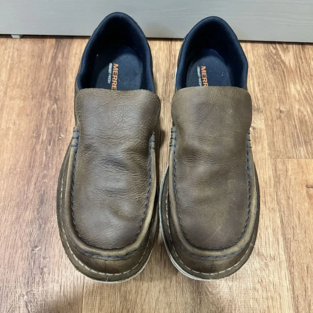 Merrell Men's 9.5 Brown Leather Slip On Low Top Bask Moc Toe Loafers Brindle